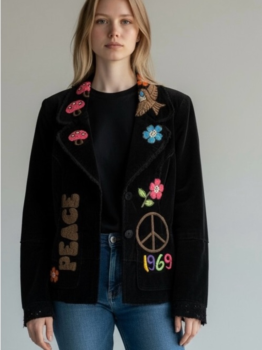 Women's Black Embroidered Corduroy Peace Blazer
